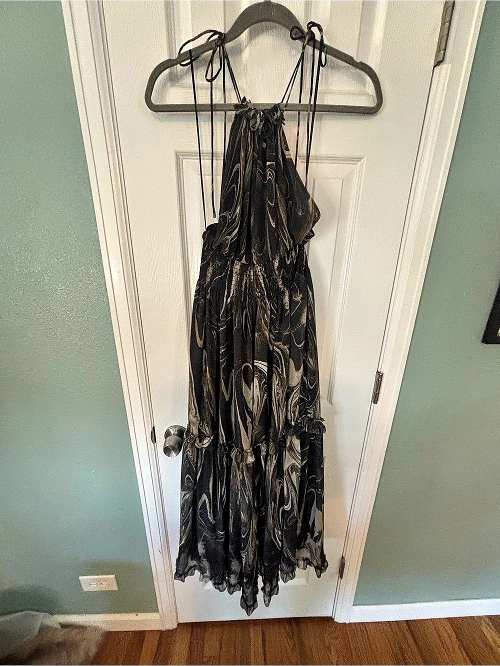 Banana Republic Halter Tiered Smocked Ruffle Maxi Dress in Marble Smoke Print XS